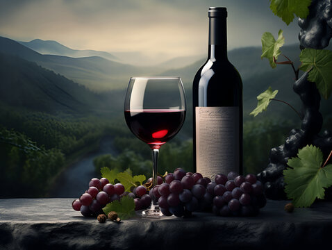 glass of red wine on a background of grapes and a landscape of mountains Generative AI.