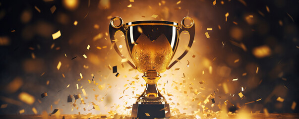 Golden trophy cup with flying confetti - obrazy, fototapety, plakaty