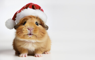Lovely sweet guinea pig in Santa hat ar white background with copy space for Christmas greeting
