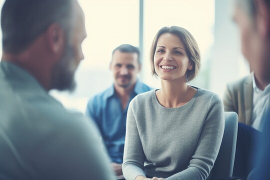 Compassionate Guidance: A professional therapist leading a candid group session, emphasizing the significance of mental health and counseling with a comforting smile