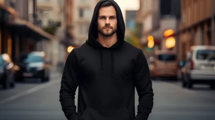 Fotobehang Attractive sporty man dressed in a blank black hoodie with hood and kangaroo pocket against the background of the city street © l1gend