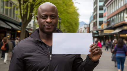 Smiling bald black man stands on a bustling European city street, holding a blank piece of paper. His warm smile contrasts with the urban backdrop, creating a vibrant scene.