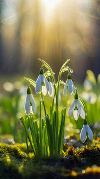 Fototapeta Snowdrops in a spring forest with sunlight close-up.