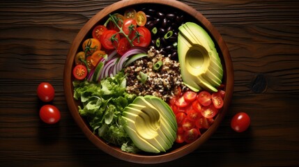 Fresh and colorful bowl of vegetables, avocado, tomatoes and seeds. Healthy food concept background with free place for text