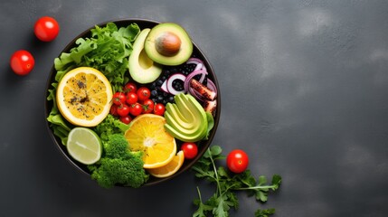 Obraz na płótnie Canvas Fresh and colorful bowl of vegetables, avocado, tomatoes and seeds. Healthy food concept background with free place for text