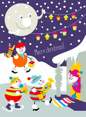 Fototapeta na wymiar merry christmas and happy new year postcard with snowmen