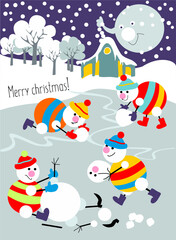 merry christmas and happy new year postcard with snowmen