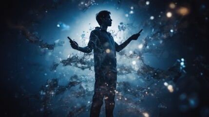 Fototapeta premium person stand and feel happy on use phone the most hight of technology communication, city, building, male, dark, light, business