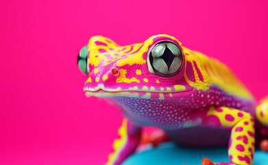 Creative animal concept, macro shot of poisonous frog over pastel bright background.