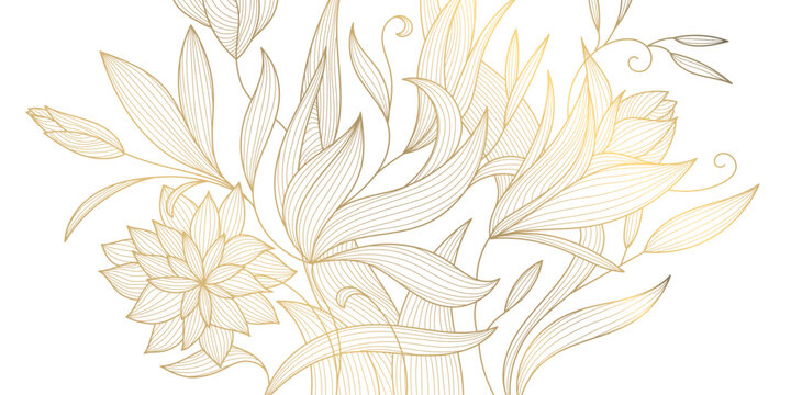Vector art deco flower pattern background, gold line art, nature floral illustration. Hand drawn wavy plants for packaging, cover, banner, creative post and wall arts. Japanese style.