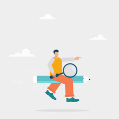 Concept of business creativity or imagination, improvement, creative freedom. A guy flying on a pencil rocket looking for new ideas.
