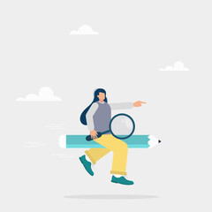Concept of business creativity or imagination, improvement, creative freedom. A girl flying on a pencil rocket in search of new ideas.

