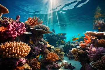 Healthy coral reef ecosystem in a marine protected area, showcasing the benefits of conservation efforts, Generative AI - obrazy, fototapety, plakaty