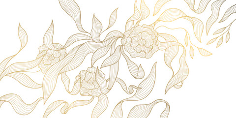 Vector art deco flower pattern background, gold line art, nature floral illustration. Hand drawn wavy plants for packaging, cover, banner, creative post and wall arts. Japanese style. - obrazy, fototapety, plakaty
