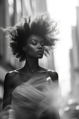 Ebony female model in a new york street background in the style of surreal fashion photography