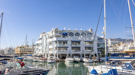 Panoramic view of Puerto Marina in Benalmadena, Costa del Sol, Malaga province, Andalusia, Spain - obrazy, fototapety, plakaty