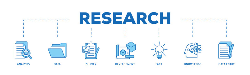 Research infographic icon flow process which consists of analysis, data, survey, development, fact, knowledge and data entry icon live stroke and easy to edit 