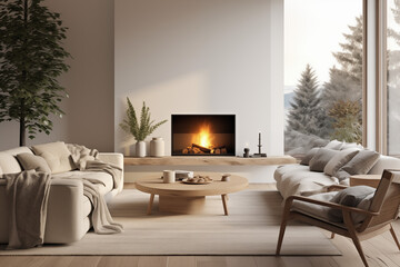 A warm and inviting Scandinavian living room featuring a sleek, modern fireplace. The room is decorated with minimalist furniture. Natural light floods in through large windows, highlighting the cozy 