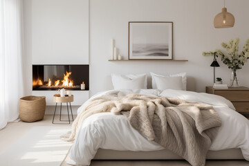 A chic and modern Scandinavian bedroom with a sleek, wall-mounted fireplace. The decor includes a minimalist bed frame, crisp white linens, and subtle touches of color.