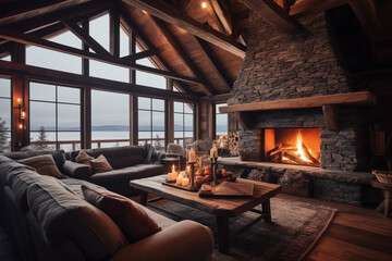 A rustic Scandinavian cabin interior with a large stone fireplace. The room features exposed wooden beams, a plush fur rug, and comfortable seating arranged around the fireplace. - obrazy, fototapety, plakaty