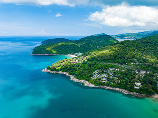 Aerial view drone shot of Tropical seashore in Phuket island thailand,Beautiful sea landscape background