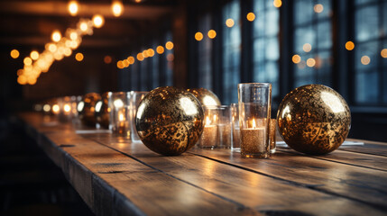 Golden Holiday Elegance: Sparkling Christmas Ornaments and Twinkling Fairy Lights on a Rustic Wooden Table - Festive Background