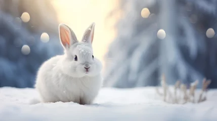 Foto op Aluminium White rabbit is sitting on snow blurred background. AI generated image © prastiwi