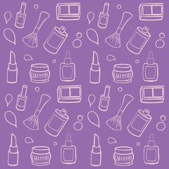 seamless background with cosmetics perfume, very fluffy makeup brush, eye shadow, eyebrow shadow, foundation, lipstick, face and body cream, nail polish, cosmetics, perfume, beauty sphere