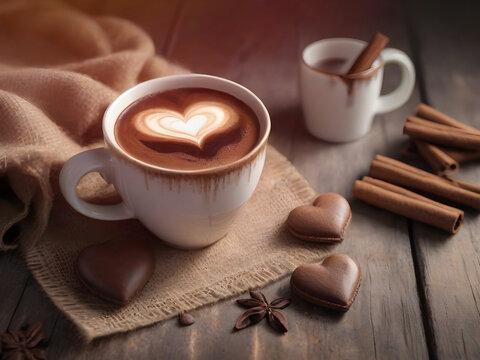 Aromatic Winter Bliss, A Cup of Freshly Brewed Coffee on a Wooden Surface, adorned with a Sweet Foam Heart, Sprinkled with Chocolate and Cinnamon, served in a Burlap Mug, Infused with the Natural