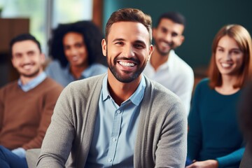 Obraz premium Supportive Counseling: Expert therapist in action, fostering genuine compassion and comforting smiles during a candid group session on the importance of mental health