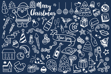 Set of Christmas design elements in doodle style, Christmas decorations, collection, snowman, hat, santa claus, xmas, snowflakes, new year, illustration, holiday, vector, minimal
