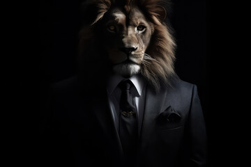 Lion in Business Suit on black background,