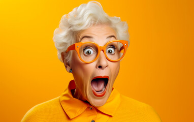 Shocked beautiful elderly woman with open wide mouth and eyes on orange background, surprised face expression