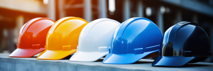 Safety banner. Building construction engineering concept background. Safety construction worker helmet - obrazy, fototapety, plakaty