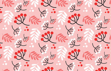 Fototapeta na wymiar christmas vector seamless pattern with berries and leaves. winter foliage repeating pattern on pink. new year abstract background