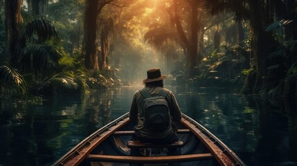 A man in a boat floats on a river in the jungle - obrazy, fototapety, plakaty