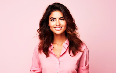 Fototapeta premium Beautiful and young brunette woman over pink background with space for text. Studio shot for woman month concept.