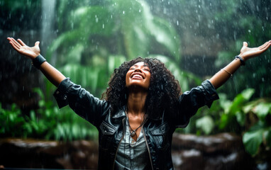 Happy black woman with open arms under rain in a beautiful tropical forest. Freedom and selcare concept.