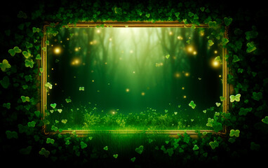 Beautiful golden frame in a magic forest of green shamrocks and leaprechauns with empty space for text. Saint Patrick's Day still life concept.