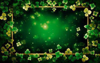 Beautiful golden frame in a magic forest of green shamrocks and leaprechauns with empty space for text. Saint Patrick's Day still life concept.