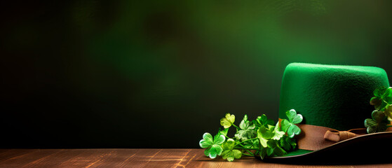 Green leprechaun hat with green shamrocks and a blank golden frame for text. Saint Patrick's Day still life concept.