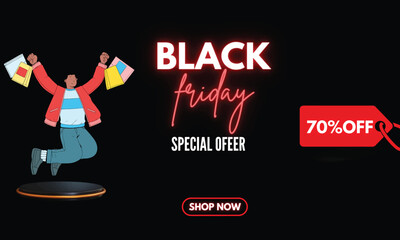 Black Friday, Special Offer save up to 70% . Happy Young  Man Enjoying Shopping. Design template for Black Friday sale banner.