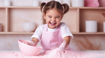 Сute little girl smile and make baked goods in a pastel pink minimalist kitchen. Child soiled in flour, learning to cook, fun home activity.