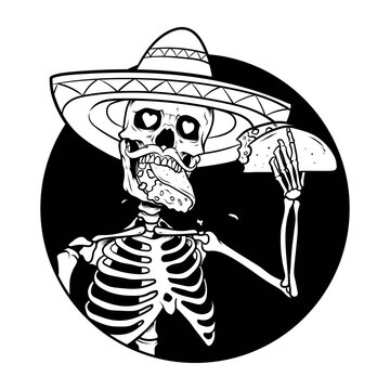 Mexican skeleton with sombero eating taco