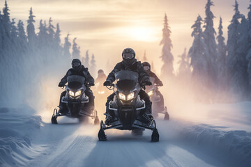 People riding snowmobile in the winter - obrazy, fototapety, plakaty