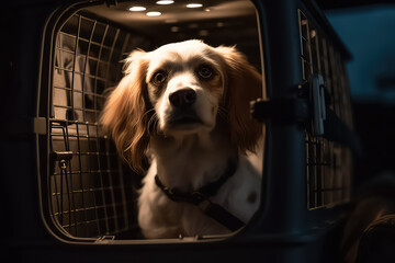 Cute miniature dog looking from dog carrier with open door,