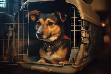 Cute miniature dog looking from dog carrier with open door,