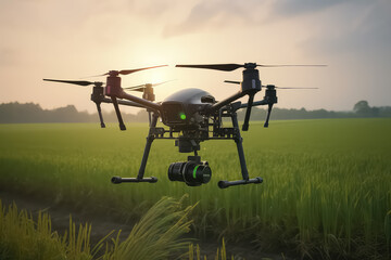 Fototapeta na wymiar Agricultural drone flies to spray fertilizer in sweet corn fields, terrn scanning technology,