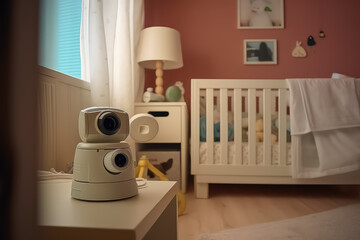 Baby monitor and camera on table near crib with child in room.
