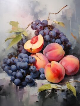impressionism still life with peaches and grapes, oil painting style wall art poster